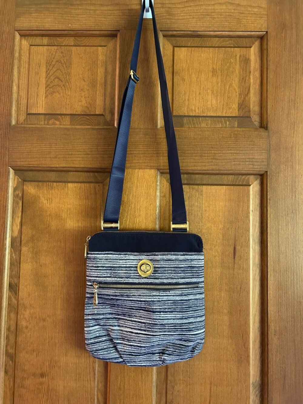 Baggallini Hanover Crossbody bag, blue and white striped nylon